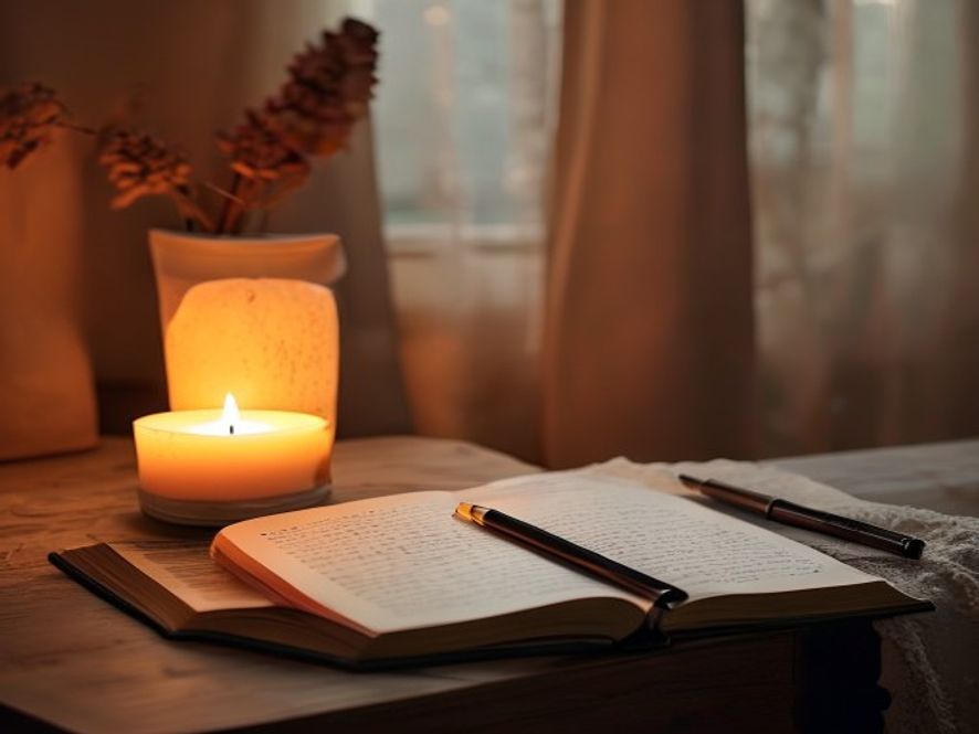 Journaling and reflection practice Open journal next to a burning candle and pen on a nightstand