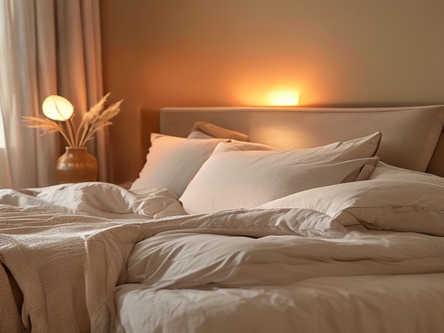 Comfortable sleep setup Neatly arranged bed with layered neutral bedding and soft textures