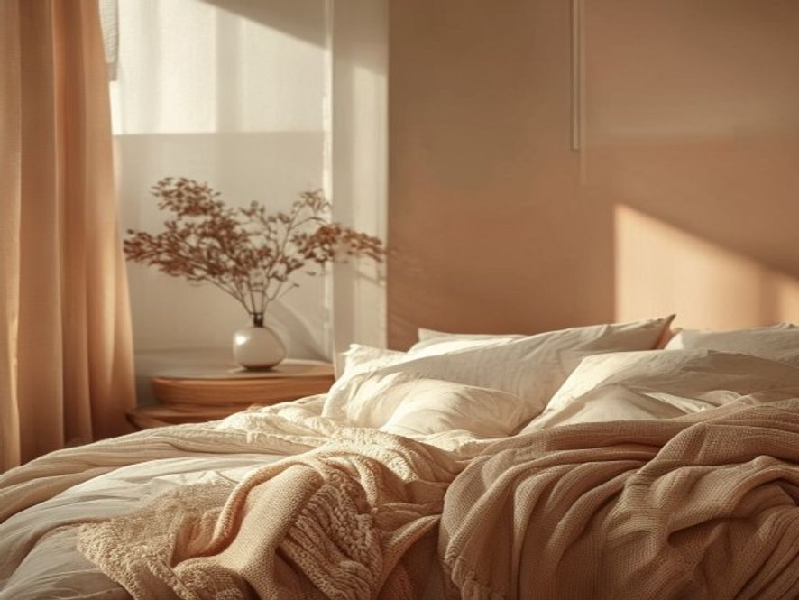Soft-lit bedroom with warm blankets and minimal clutter