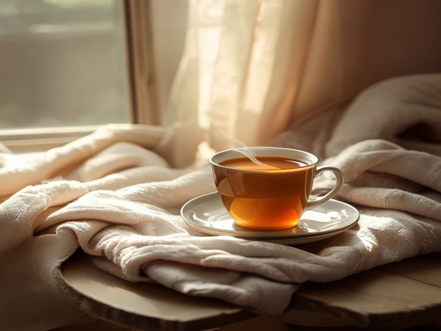 Evening tea and soft lighting in a calm bedroom space