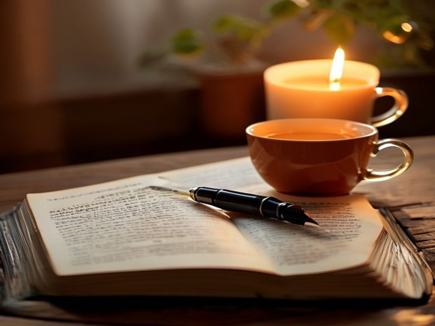 Evening ritual setup Evening candle, journal, and herbal tea arranged on a wooden surface near a window