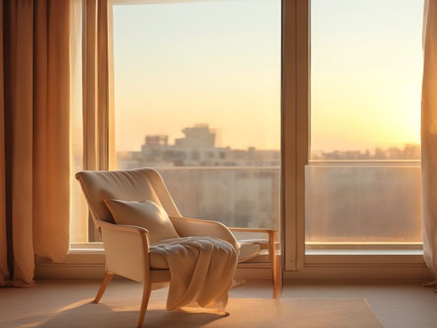 Peaceful wind-down moment Person sitting peacefully by a window at sunset, transitioning to evening